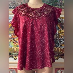 Ranna Gill scalloped neck red satin blouse size large